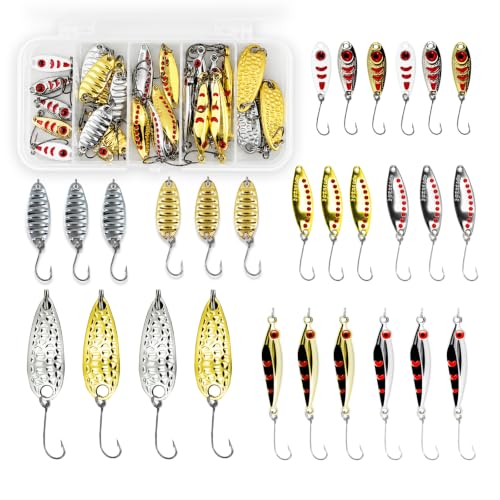 28pcs Spoon Fishing Lures Set with Hooks, Hard Metal Trout Spoons & ice Fishing Spoons for Salmon, bass, and Saltwater Fishin - color: Crater Gold & Silver