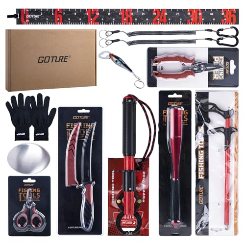 Goture Fishing Tool Kit,Fishing Pliers,Fillet Knife with Sheath,Fish Lip Gripper,Fish Hook Remover,Lanyard,Line Scissors,Sharpener,Stainless Steel Soap,Saltwater Gear Kit,Red/Pink,Gifts for Men/Women - color: A9:12pcs Fishing Tool Kit