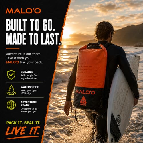 Malo’o DryPack 30L Waterproof Kayak Dry Bag, Heavy Duty Roll-Top Dry Bag with MOLLE Grid and Carry Straps for Fishing, Paddle Boarding, Boating, Camping, and Travel, Orange - color: Orange, style: 30l Dry Bag