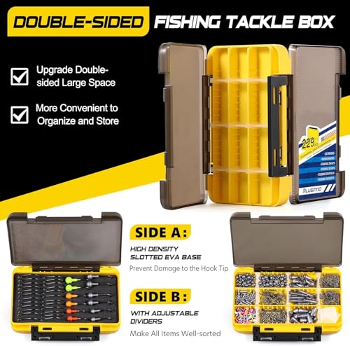 PLUSINNO 253/387pcs Fishing Gear Accessories Kit, Fishing Tackle Box with Tackle Included, Fishing Hooks, Fishing Weights Sinkers, Spinner Blade, Fishing Equipment for Bass Trout Bluegill Crappie - color: 229pcs Fishing Accessories Kit