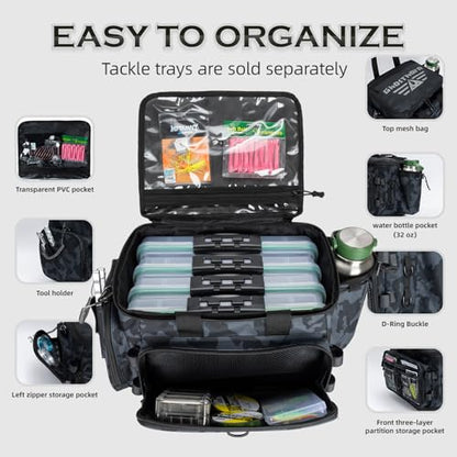 Ghosthorn Fishing Tackle Bag with Rod Holder Saltwater & Freshwater Resistant Large Tackle Box Bag - Adjustable Padded Shoulder Strap (Black Camouflage) - color: Black Camo, size: Large