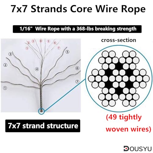 1/16" Wire Rope, 328ft Stainless Steel Cable with 100Pcs Aluminum Crimping Sleeves, Aircraft Cable, Picture Wire,7x7 Strand,368 lbs Breaking Strength - size: 1/16-inch