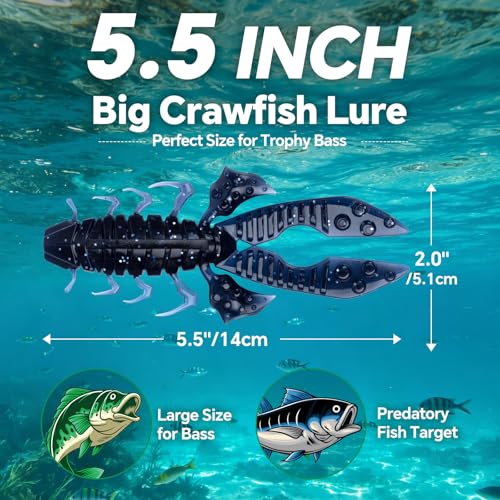 Crawfish Lure 5.5", Soft Plastic Crawdad Creature Bait with Rattles, Weedless Bass Fishing Lure, Realistic Fishing Lures for Freshwater & Saltwater, 3 Pack Red Green Blue - color: Blue (box)
