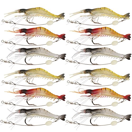 Goture Soft Shrimp Lures Fishing Saltwater Luminous Shrimp Bait Set Fishing Lures with Sharp Hooks for Freshwater Saltwater Trout Bass Salmon Crappie Walleye Pike Perch - color: 3.54in/0.21oz 12Piece
