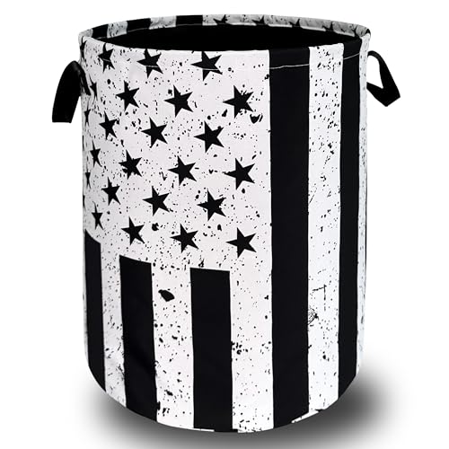 Retro Black and White American Flag Laundry Hamper USA Flag Laundry Basket With Handles Foldable Oxford Cloth Funny Tote Bag Clothes Toy Storage Bucket 18.9 x 16.5 Inch For Bathroom/Laundry/Bedroom - color: Retro Black and White American Flag