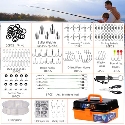 Large 3 Layers Tackle Box with Fishing Tackle Included, 423 Pcs Fishing Lures Kit Crankbaits Fishing Hooks Spoon Worm Tackle Fishing Bait Accessories for Bass Trout Freshwater Saltwater