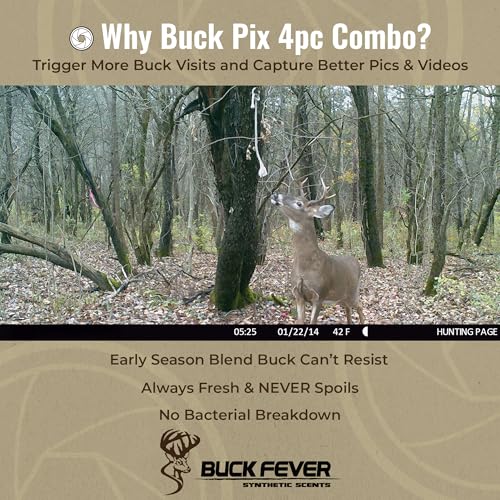 Buck Fever Buck Pix 2,3,4-Piece kit - Synthetic Deer Scent (4 oz Branch Action & 4 oz Dirt Fusion) for Whitetail & Mule - Non-Spoiling Deer Attractant for Outdoor Trail Camera - size: 4 - Piece Combo