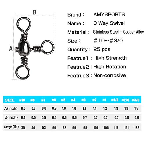 AMYSPORTS Stainless 3way Swivel Fishing crossline swivels 3 Way rigs Saltwater Freshwater Drifting trolling Fishing Tackle Connector for Spoons Minnow baits - size: Size7 (53lb) 25 pcs