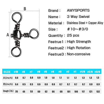 AMYSPORTS Stainless 3way Swivel Fishing crossline swivels 3 Way rigs Saltwater Freshwater Drifting trolling Fishing Tackle Connector for Spoons Minnow baits - size: Size3 (69lb) 25 pcs