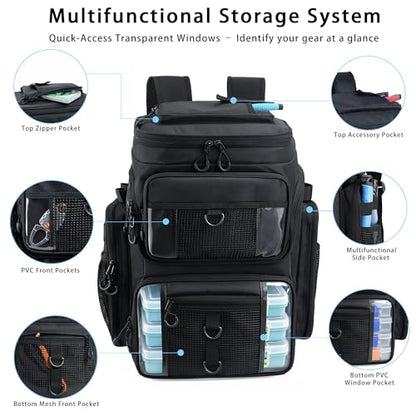 Fishing Backpack with 4 Tackle Boxes, 55L Large Tackle Box Backpack with 4 Rod Holders, Waterproof 900D Tackle Backpacks with Cooler & Clear Gear Windows, Fishing Gifts for Men Women, Black - color: Black (with 4Boxes)