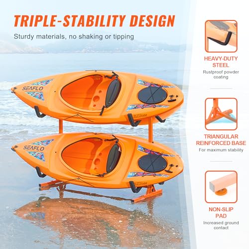 VEVOR Kayak Storage Rack, Heavy Duty Adjustable Freestanding Stand with Lockable Wheels for Indoor Outdoor Garage Shed Dock, Holder for Canoe, SUP, Surfboard & Paddleboard - style: Freestanding-4 Kayaks-orange