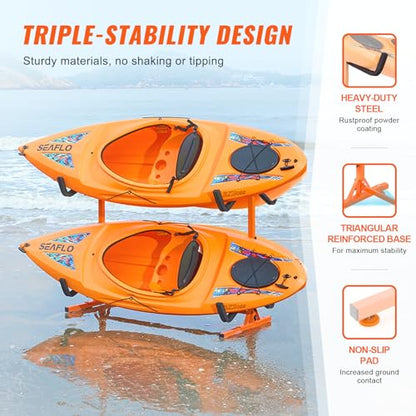 VEVOR Kayak Storage Rack, Heavy Duty Adjustable Freestanding Stand with Lockable Wheels for Indoor Outdoor Garage Shed Dock, Holder for Canoe, SUP, Surfboard & Paddleboard - style: Freestanding-4 Kayaks-orange