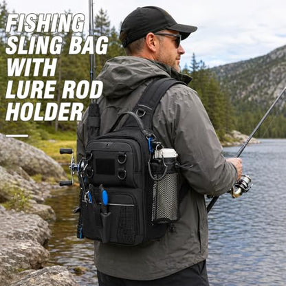 Fishing Bag with Tackle Boxes, Lightweight Fishing Sling Pack,Convertible Tackle Bag with Rod & Beverage Holder, Fishing Gear with Lures, Pliers, Lip Gripper, Black with Fishing Tools - color: Black（Included Fishing Tools Kit）