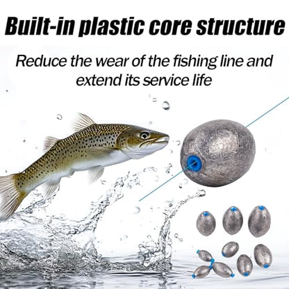 Egg Sinkers Lead Fishing Weights FS/QZ-07 | with Plastic Core,Oval Fishing Sinkers & Weights,for Texas Rig,Carolina Rig,Catfish Casting,Saltwater Freshwater - size: 0.71oz,10pcs