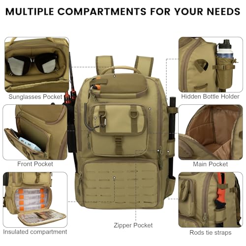 Hp hope Fishing Backpack with Rod Holders & Cooler, 40L Fishing Tackle Bag Fishing Tackle Storage Backpack Fishing Gear for Camping, Khaki - color: Khaki