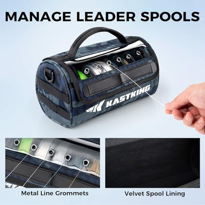 KastKing BaitSpace Line Management Bag, Fishing Line Storage Bag with Water Resistant Nylon, Clear View Window, Removable Divider, Tangle-free Leader Line Holder - color: E: Blue Camo-Large