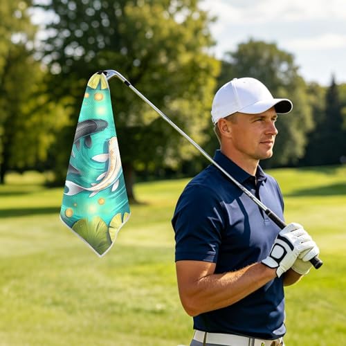 Fish 2 Pack Waffle Pattern Golf Towels, 17.7"x17.7" Square Golf Towel with Carabiner Clip and Magnetic Snap for Cleaning Golf Ball, Club