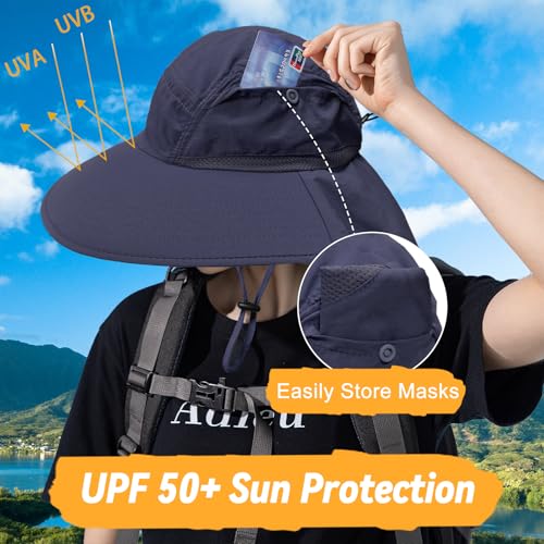 Sun Hats for Men Women Detachable Face Cover Wide Brim Fishing Hats with Neck Flap UPF 50+ Outdoor Safari Hats - color: Navy Blue
