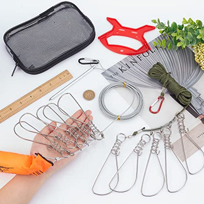 SUPERFINDINGS 2Sets 2 Style Stainless Steel Fishing Stringer Clip Set Including Hooks Wire Clasps Foam Buoyancy Rods Plastic Handlea and Storage Bag