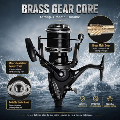 Double Brake Spinning Reel Heavy Duty Metal Body with CNC Machined Spool 55LB Max Drag 6+1 BB Smooth 4.1:1 High Speed Gear Ratio Saltwater Freshwater Reel for FPL 8000-12000 Series