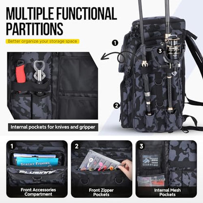 PLUSINNO Fishing Backpack with Tackle Boxes,Fishing Gear,42L Waterproof tackle Backpack with Rod Holders,Lures,Tools,Pliers & Accessories, Fish Gifts for Men - color: Black Camouflage With Tools