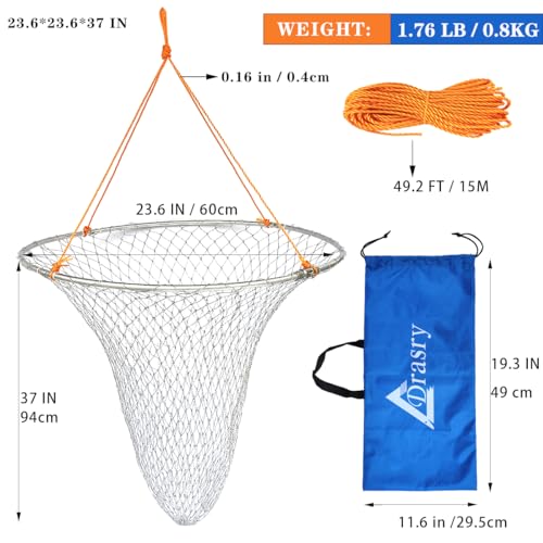 Drasry Foldable Bridge and Pier Fishing Landing Net - High Load-Bearing Aluminum Ring Drop Net for Saltwater Freshwater - Collapsible Basket With 49.2 FT Rope - color: silver, size: 23.6*23.6*37 IN / 60*60*94cm, style: 1.18*1.18 in Mesh