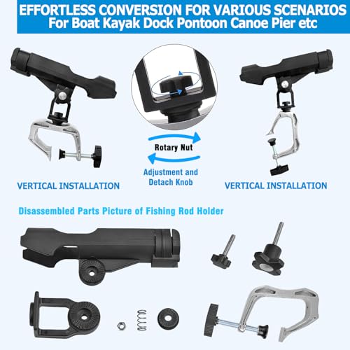 LBW Boat Fishing Rod Holder Clamp on Rod Holder 360 Degree Adjustable Dual-use Fishing Pole Holder for Boat Dock Pontoon Canoe 2 PCS