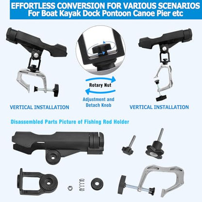 LBW Boat Fishing Rod Holder Clamp on Rod Holder 360 Degree Adjustable Dual-use Fishing Pole Holder for Boat Dock Pontoon Canoe 2 PCS