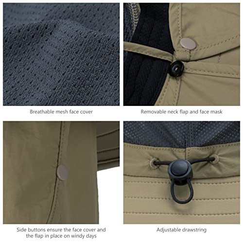 BASSDASH UPF 50+ Breathable Sun Hat with Removable Face Cover and Neck Flap Wide Brim Bucket Hat for Fishing Hiking Men Women - color: Khaki