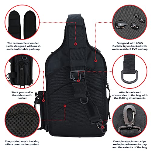 OSAGE RIVER Deluxe Tackle Sling Fishing Bag with Rod Holder, Lightweight Tackle Box Storage, Shoulder Bag for Fishing Hiking
