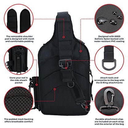OSAGE RIVER Deluxe Tackle Sling Fishing Bag with Rod Holder, Lightweight Tackle Box Storage, Shoulder Bag for Fishing Hiking