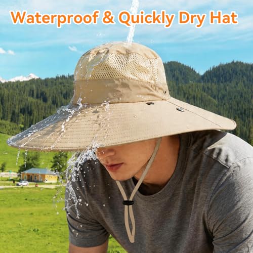 Super Wide Brim Fishing Hat UPF 50+ Sun Safari Hat with Removable Neck Face Flap - color: Khaki