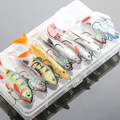 DONQL Soft Fishing Lures Kit, 10 Pcs Pre-Rigged Jig Heads, Paddle Tail Swimbaits for Bass, Trout, Walleye, Crappie, Sinking Swimbaits Tackle with Box, Shad Soft Bait Jigs for Freshwater Saltwater