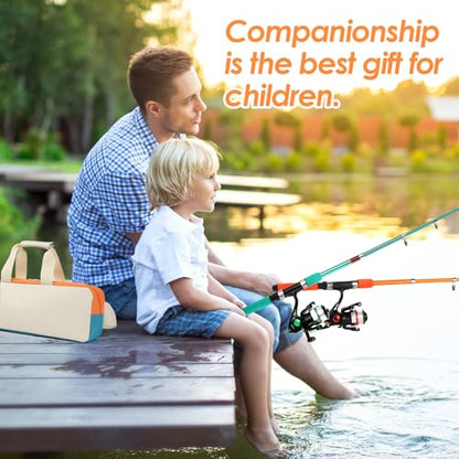 Telescopic Fishing Pole Set with Spinning Reel Lure Hook Storage Bag | Compact Collapsible Rod Reel Combo Travel Fishing Gear Starter Kit for Kids Youth Adults - color: Orange+Green