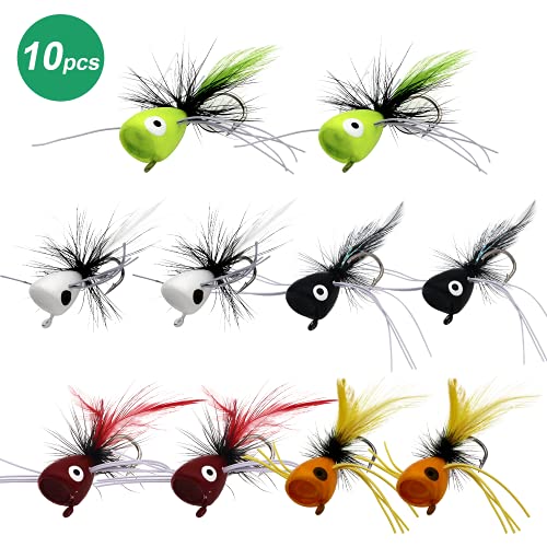 Fly Fishing Poppers, Topwater Fishing Lures Bass Crappie Bluegill Sunfish Panfish Trout Salmon Perch Steelhead Flies for Fly Fishing Bass Panfish Bluegill Trout Salmon - color: 10pcs