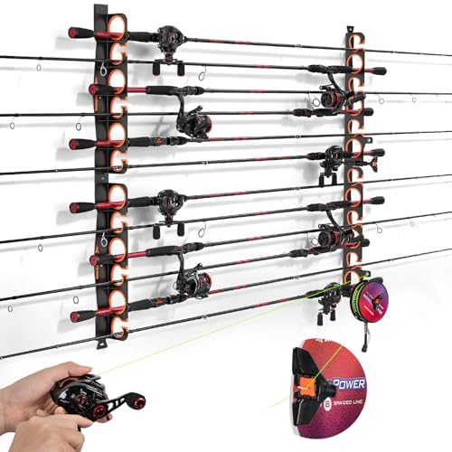 KastKing SafeGuard LS Horizontal Fishing Rod Rack with Line Spooler – Wall or Ceiling Mount, Holds 12 Rods & Combos, No-Twist Fishing Rod Holder with Spooler & Cutter (Spinning & Baitcasting) - color: B:Upgraded w/ Spooler, 2 Pack (store 12 rods)