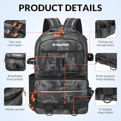 THKFISH Fishing Backpack with Tackle Boxes, 20L Waterproof Tackle Sling Bag with Lures Kit, Fish Lip Gripper, Pliers, Scissors, Fishing Gifts for Men Women - color: Black Camo Fishing Backpack with Tackle Boxes
