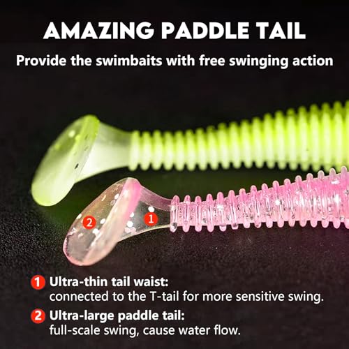 Eupheng 2.5inch/3inch Paddle Tail Swimbaits, T-Tail Ribbed Soft Plastic Fishing Lures for Bass Trout Crappie Walleye Saltwater Freshwater Fishing - size: 2.5 inch - 60 PCS