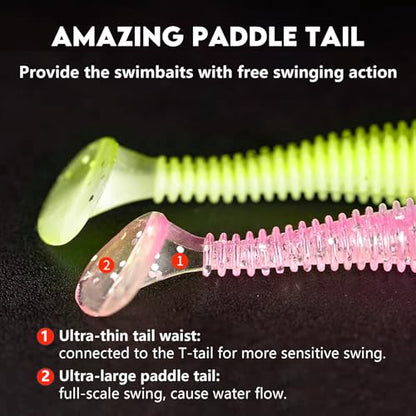 Eupheng 2.5inch/3inch Paddle Tail Swimbaits, T-Tail Ribbed Soft Plastic Fishing Lures for Bass Trout Crappie Walleye Saltwater Freshwater Fishing - size: 2.5 inch - 60 PCS