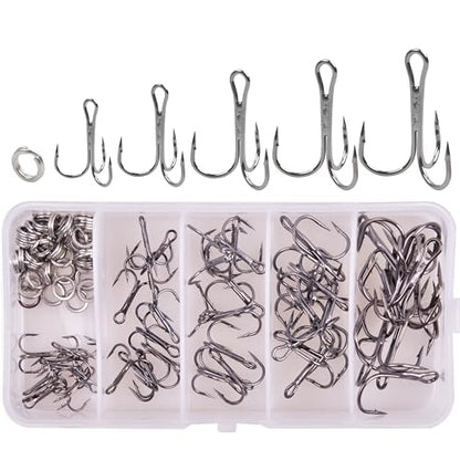 100pcs Fishing Treble Hook Kit, Round Bend Treble Hooks with Split Rings for Making Fishing Lure Spinner Spoon Crankbait - color: Black-100pcs
