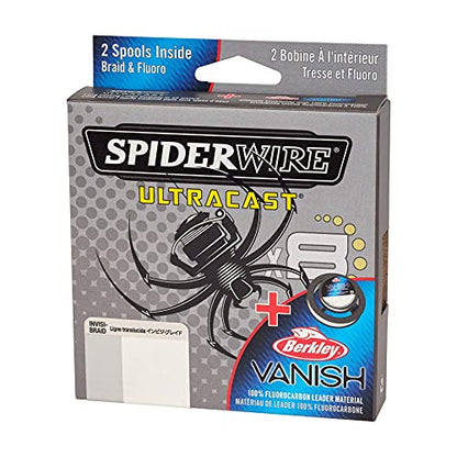 SpiderWire Ultracast Braid Vanish Fluorocarbon Dual Spool, 10lb Translucent Braid with 20lb Clear Fluoro Leader, 164yd | 150m