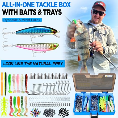 PLUSINNO Fishing Gear,Full Fishing Pole kit Include Fishing Rod and Reel Combo, Tackle Box with Fishing Lures, Fishing Accessories, Fishing Pliers,Fishing Gifts for Men with Fishing Tool Kit - style: Blue Fishing Combo With Fishing Net