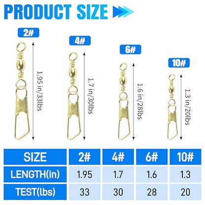 AGOOL Fishing Swivels Snaps, 60/120pcs Barrel Swivels with Nice Snaps Gold High Strength Solid Rings Line Lures Connector Fishing Tackle Accessories - size: #4_60pcs