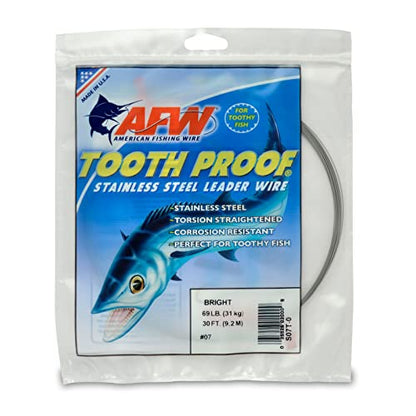 AFW Tooth Proof Stainless Steel Single Strand Hard Leader Wire - Bright and Camo for Shark, Barracuda, King Mackerel, Wahoo, Snook Bite Protection for Toothy Critters, Rigging Baits and Lures - color: Bright, style: #7, 69 Lb Test, 30 Ft