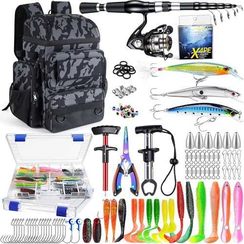 Fishing Backpack with Fishing Rod and Reel Combos Tackle Boxes,45L Waterproof Tackle Backpack with Rod Holder,Fishing Gifts for Men Women Freshwater Saltwater - color: Camouflage(with Fishing Rod)