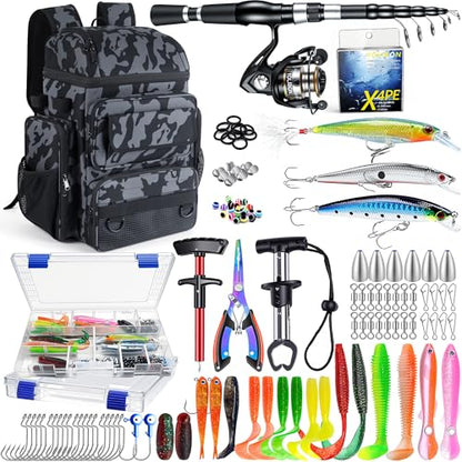 Fishing Backpack with Fishing Rod and Reel Combos Tackle Boxes,45L Waterproof Tackle Backpack with Rod Holder,Fishing Gifts for Men Women Freshwater Saltwater - color: Camouflage(with Fishing Rod)