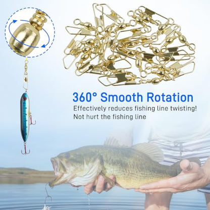 SILANON Fishing Barrel Snap Swivels, 60pcs Barrel Swivels with Safety Snaps Stainless Steel Brass Gold Barrel Swivels Fishing Tackle Solid Ring Lure Leader Line Connectors Saltwater Freshwater - size: 2#-60pcs