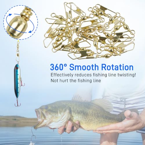 SILANON Fishing Barrel Snap Swivels, 60pcs Barrel Swivels with Safety Snaps Stainless Steel Brass Gold Barrel Swivels Fishing Tackle Solid Ring Lure Leader Line Connectors Saltwater Freshwater - size: 4#-60pcs