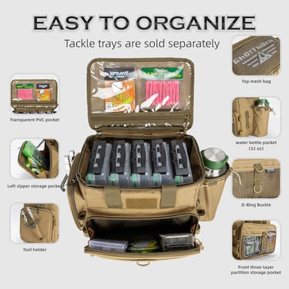Ghosthorn Fishing Tackle Bag with Rod Holder Saltwater & Freshwater Resistant Tackle Box Bag - Adjustable Padded Shoulder Strap (Khaki) - color: Khaki, size: Standard