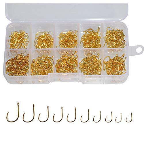 500pcs Small Fishing Hooks Black High Carbon Fishing Hooks Set 10 Sizes with a Plastic Box (500pcs Gold)